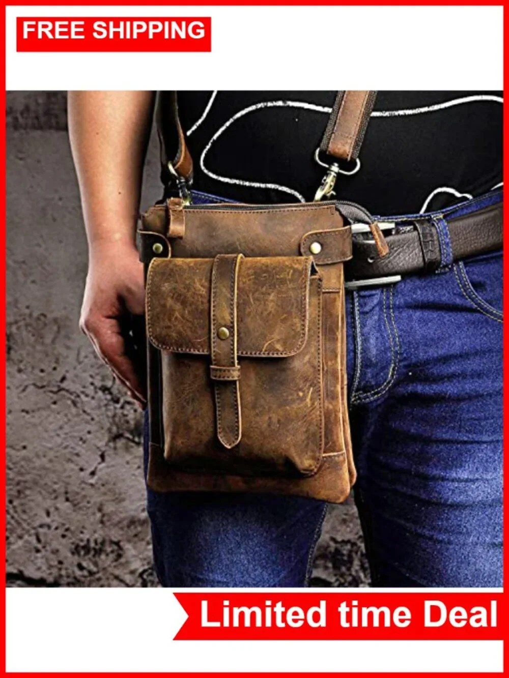 Genuine Leather Messenger Bag Convertible Waist Pack Adjustable Strap 3 Pockets